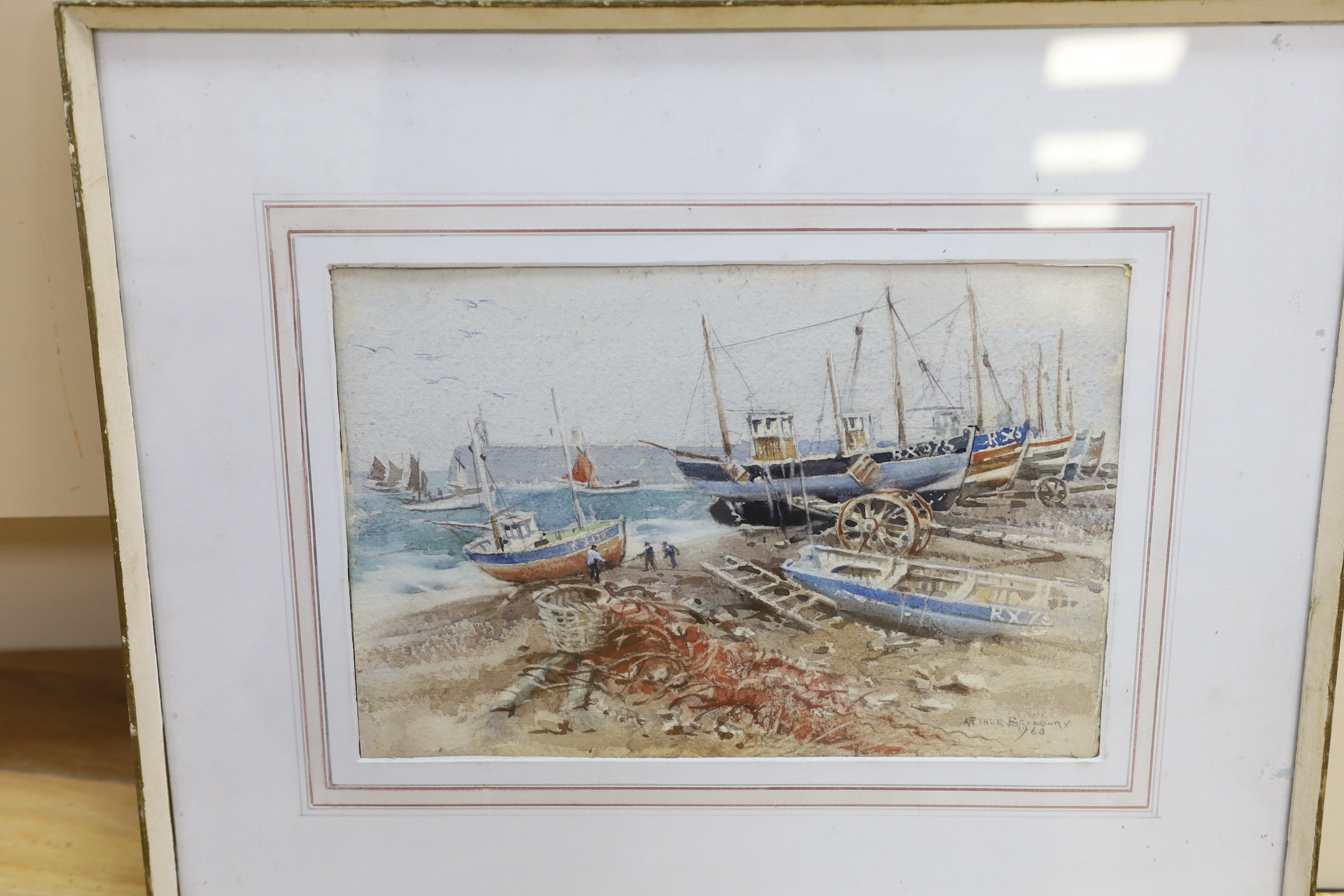 Arthur Bradbury (1892–1977), watercolour, 'Hastings', together with Sidney Cardew, watercolour, 'Leigh on Sea' and Edward William Cooke R.A., pencil heightened with white, 'Catalans', each signed, largest 18 x 28cm